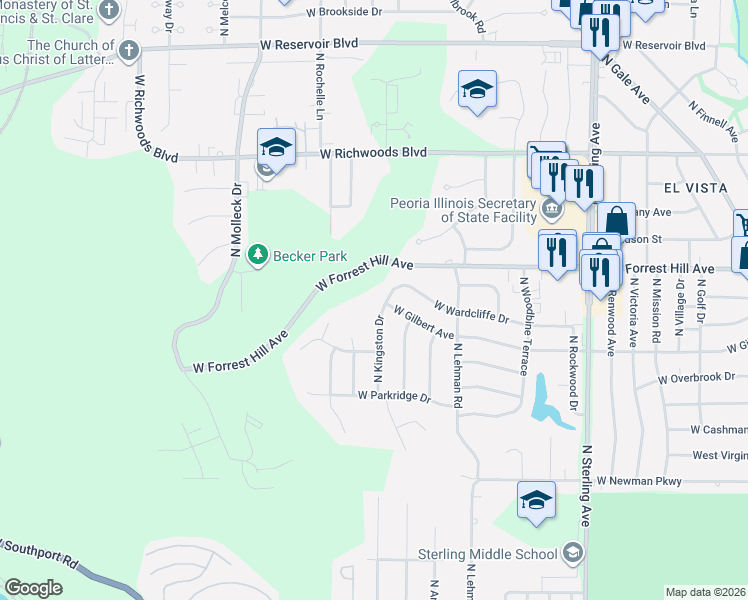 map of restaurants, bars, coffee shops, grocery stores, and more near 3025 West Wardcliffe Drive in Peoria