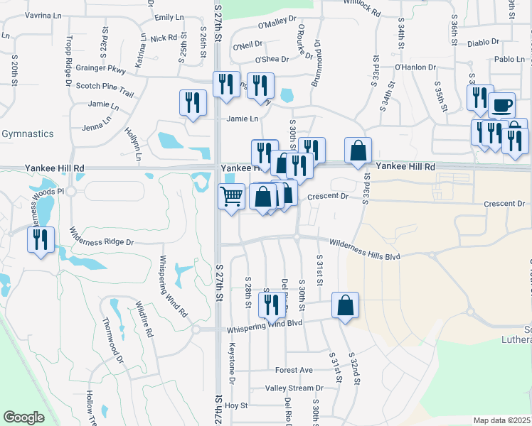 map of restaurants, bars, coffee shops, grocery stores, and more near Copper Ridge Drive in Lincoln