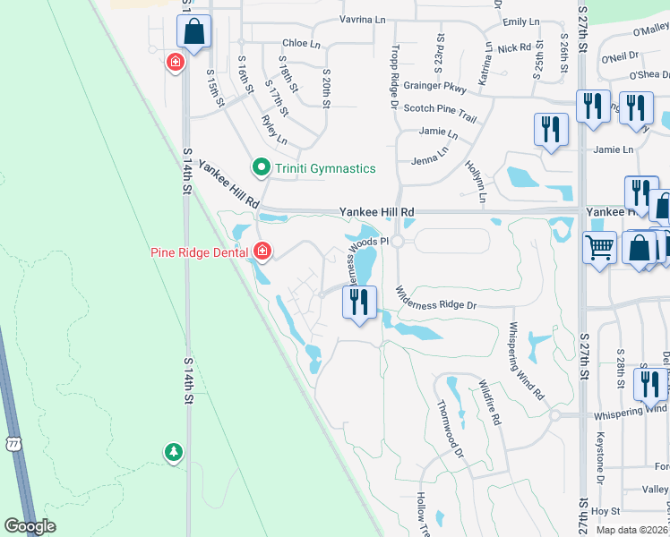 map of restaurants, bars, coffee shops, grocery stores, and more near 8700 Executive Woods Drive in Lincoln