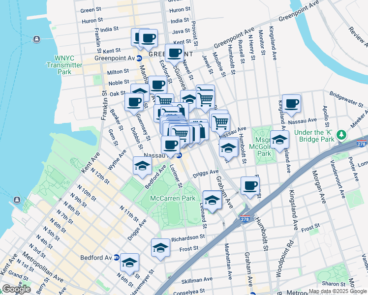 map of restaurants, bars, coffee shops, grocery stores, and more near 569 Leonard Street in Brooklyn