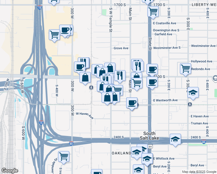 map of restaurants, bars, coffee shops, grocery stores, and more near 2150 South West Temple Street in South Salt Lake