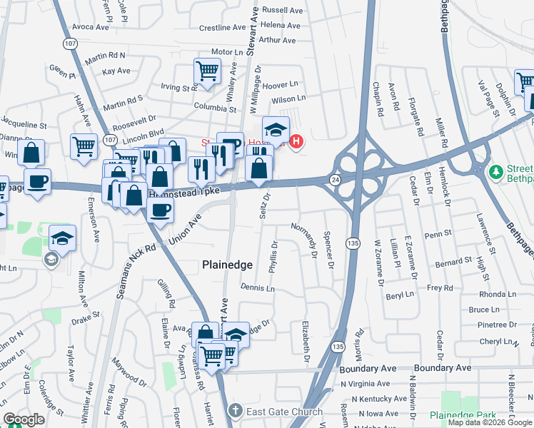 map of restaurants, bars, coffee shops, grocery stores, and more near 8 Seitz Drive in Bethpage