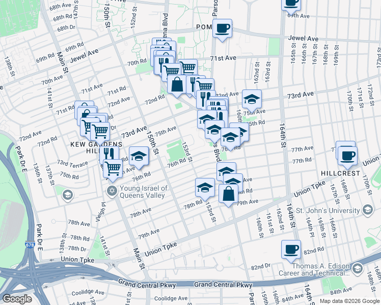map of restaurants, bars, coffee shops, grocery stores, and more near 75-10 153rd Street in Queens