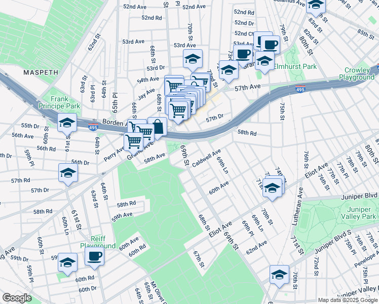 map of restaurants, bars, coffee shops, grocery stores, and more near 6904 69th Street in Queens