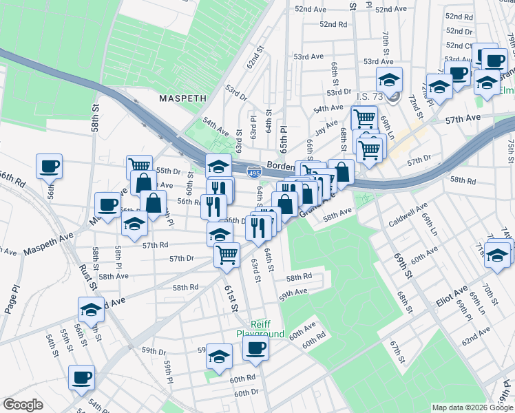 map of restaurants, bars, coffee shops, grocery stores, and more near 55-70 64th Street in Queens