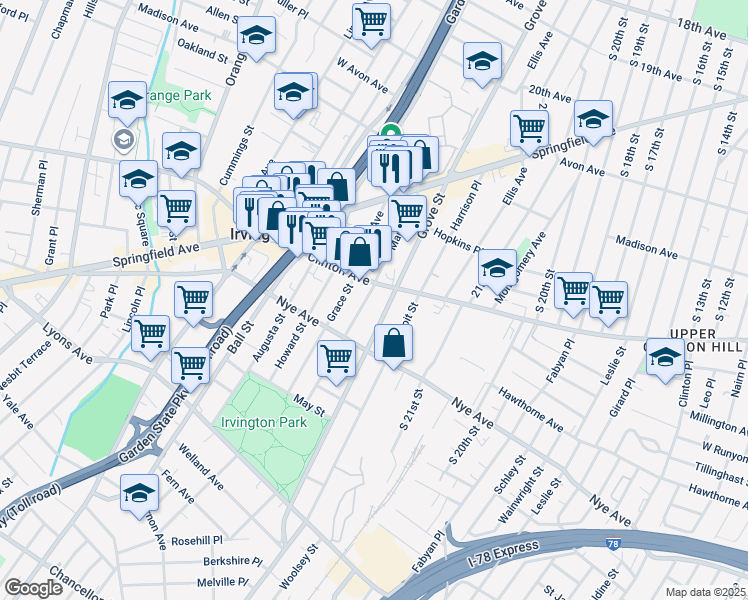 map of restaurants, bars, coffee shops, grocery stores, and more near 1018 Clinton Avenue in Irvington