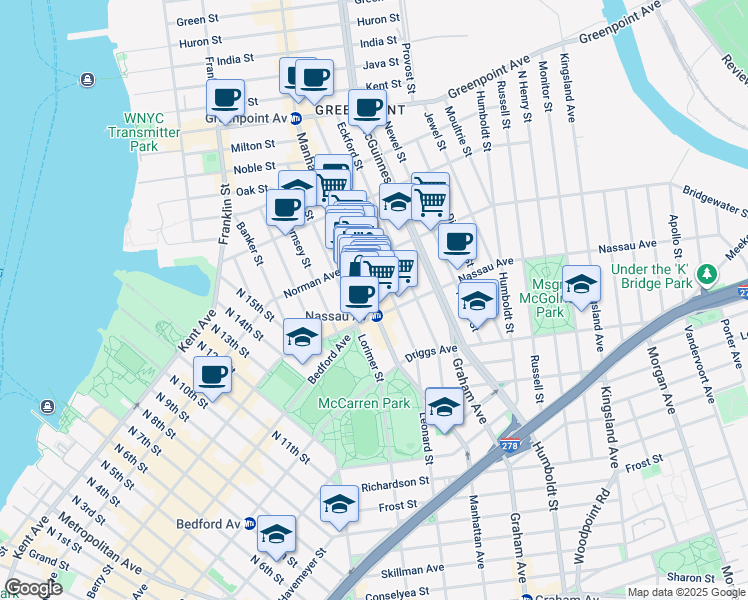 map of restaurants, bars, coffee shops, grocery stores, and more near 646 Manhattan Avenue in Brooklyn