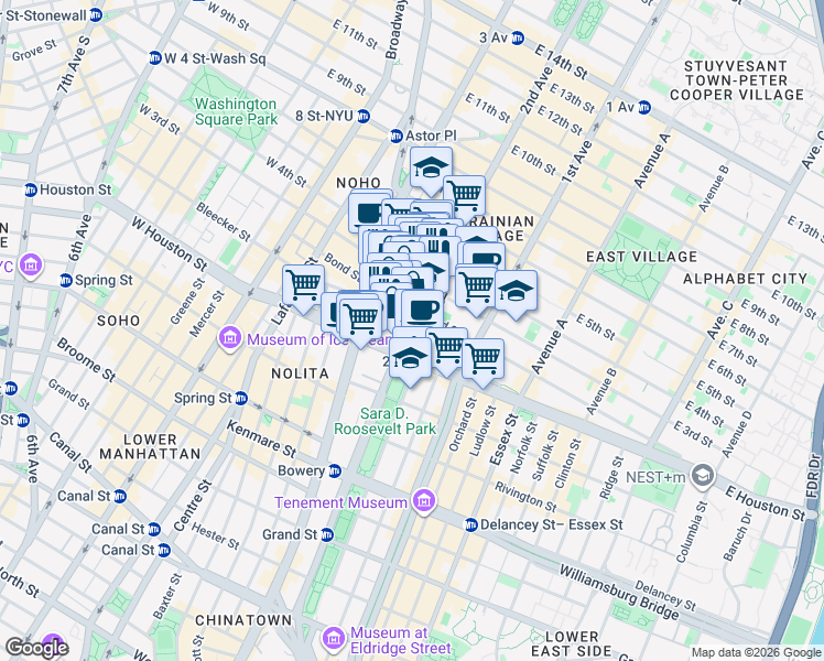 map of restaurants, bars, coffee shops, grocery stores, and more near 32 East 1st Street in New York