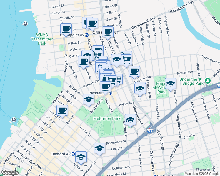 map of restaurants, bars, coffee shops, grocery stores, and more near 680 Manhattan Avenue in Brooklyn