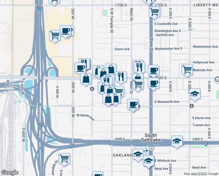 map of restaurants, bars, coffee shops, grocery stores, and more near 2150 South West Temple Street in South Salt Lake