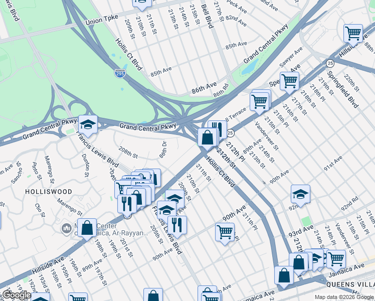 map of restaurants, bars, coffee shops, grocery stores, and more near 210-40 Grand Central Parkway in Queens