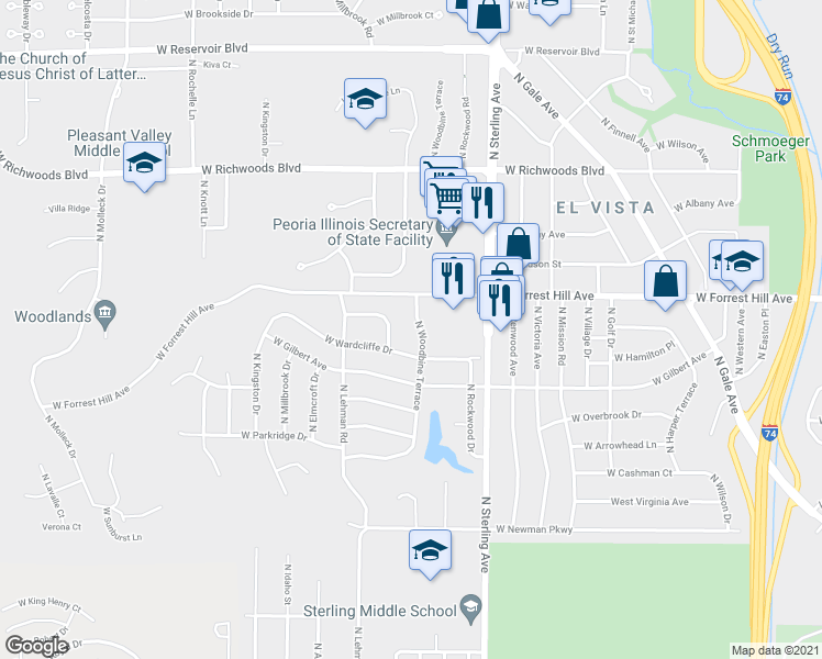map of restaurants, bars, coffee shops, grocery stores, and more near 3013 North Woodbine Terrace in Peoria