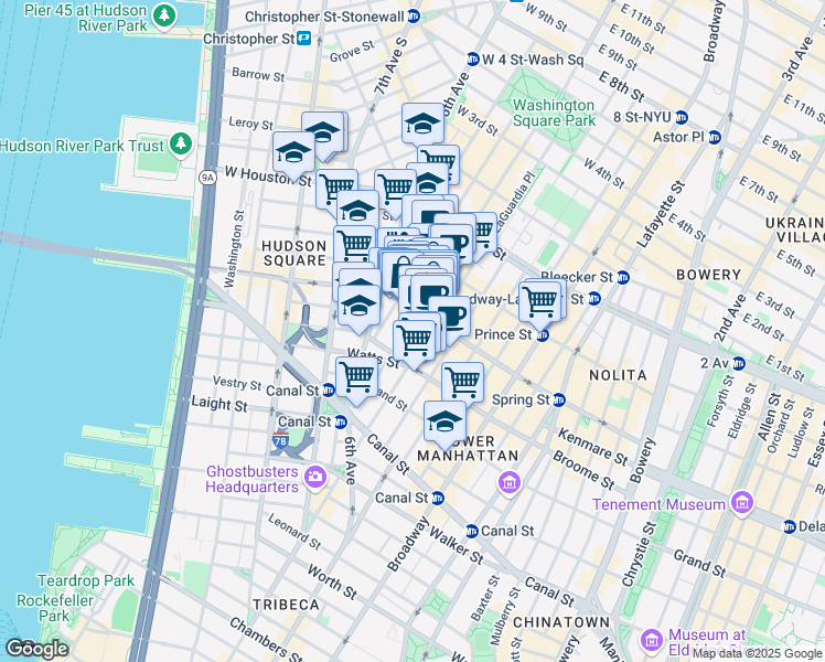 map of restaurants, bars, coffee shops, grocery stores, and more near 70 Thompson Street in New York