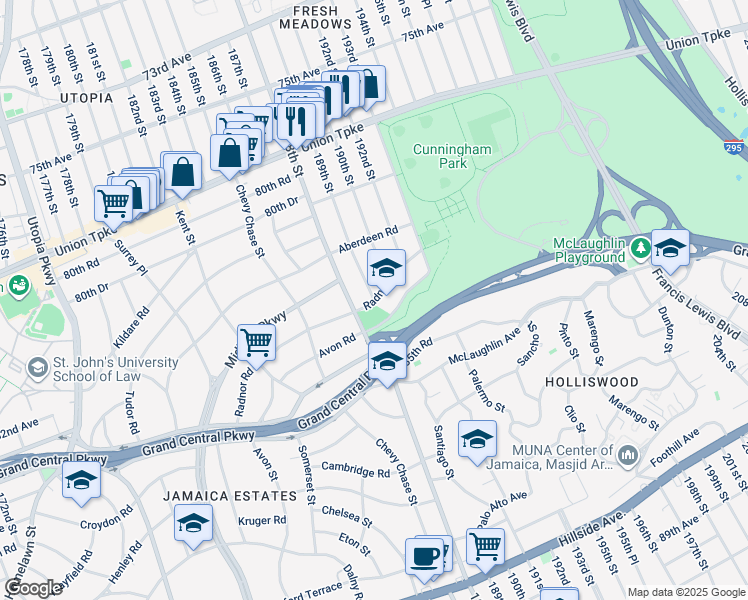 map of restaurants, bars, coffee shops, grocery stores, and more near 189th Street in Queens