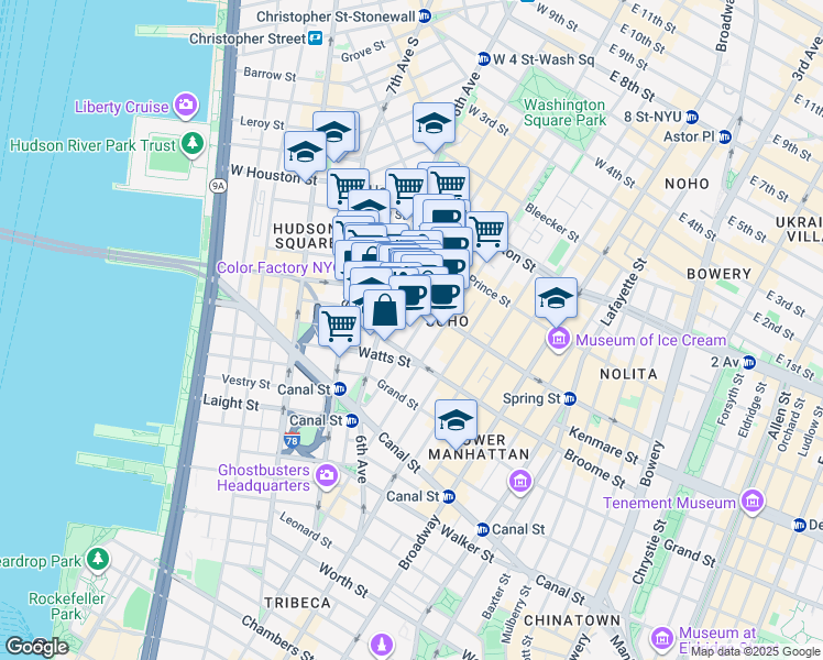map of restaurants, bars, coffee shops, grocery stores, and more near in New York