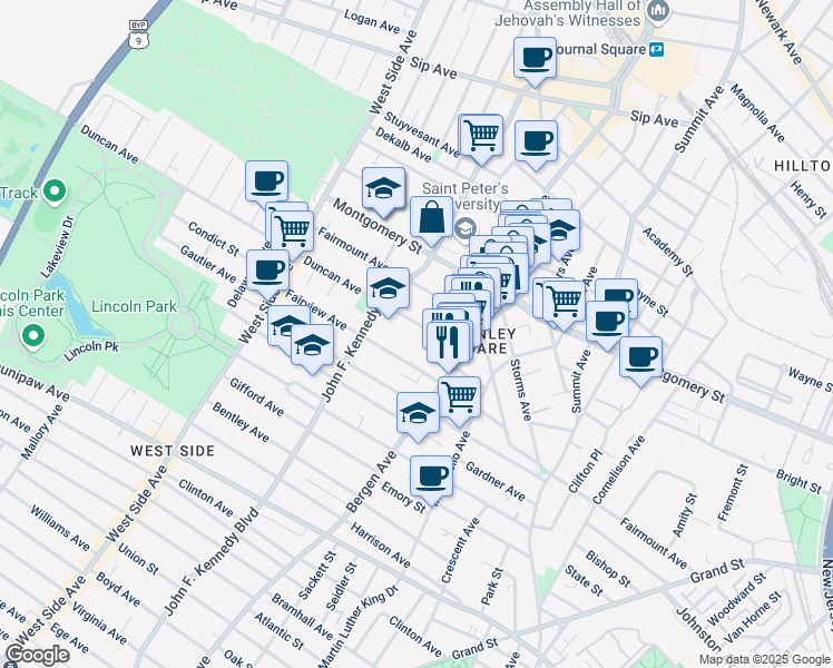 map of restaurants, bars, coffee shops, grocery stores, and more near 39 Duncan Avenue in Jersey City