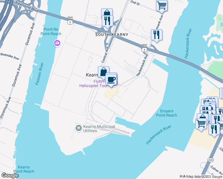 map of restaurants, bars, coffee shops, grocery stores, and more near 78 John Miller Way in Kearny