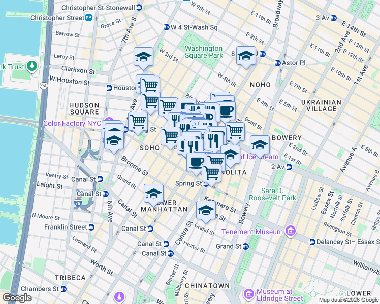 map of restaurants, bars, coffee shops, grocery stores, and more near in New York