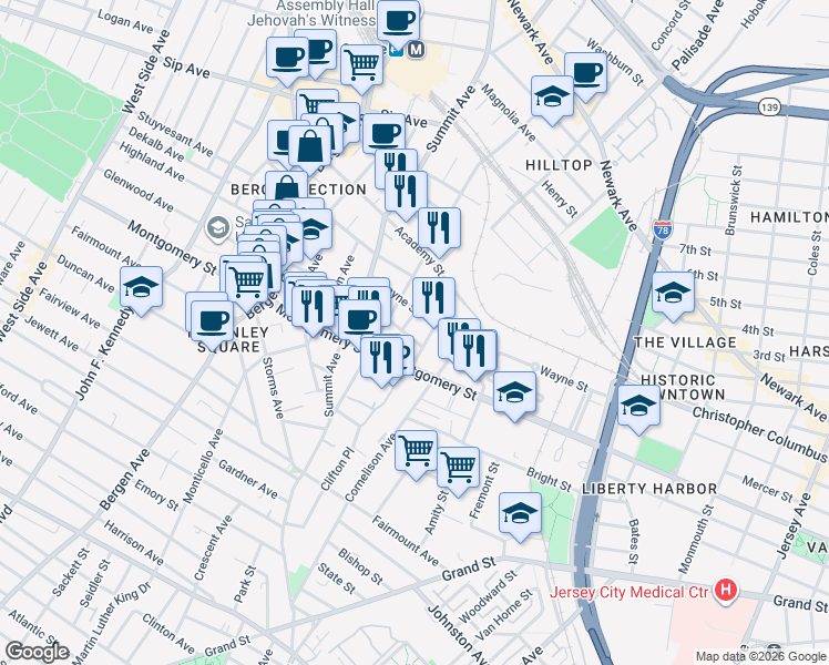 map of restaurants, bars, coffee shops, grocery stores, and more near 9 Gray Street in Jersey City