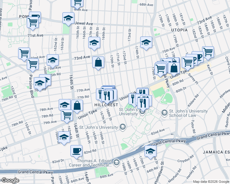 map of restaurants, bars, coffee shops, grocery stores, and more near 77-18 170th Street in Queens