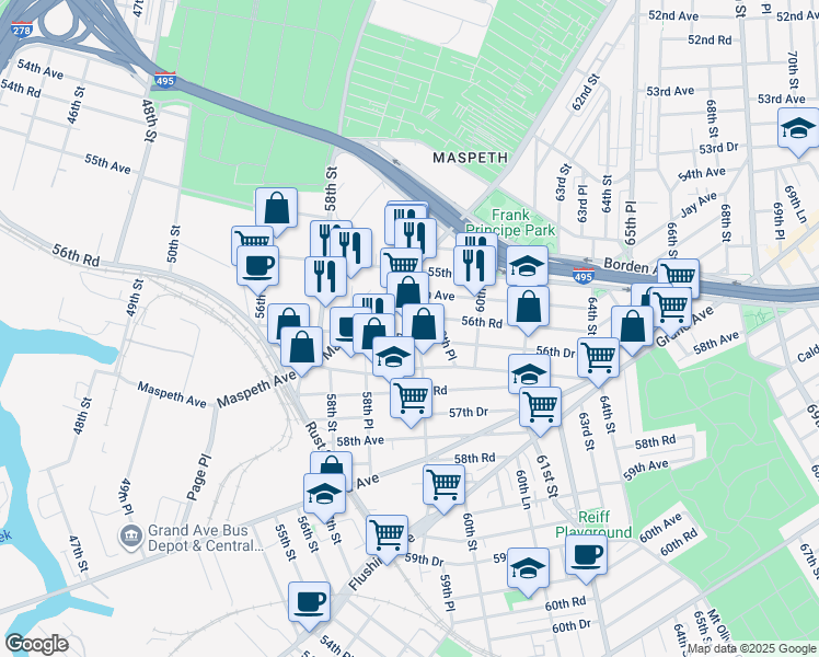 map of restaurants, bars, coffee shops, grocery stores, and more near 56-20 59th Street in Queens