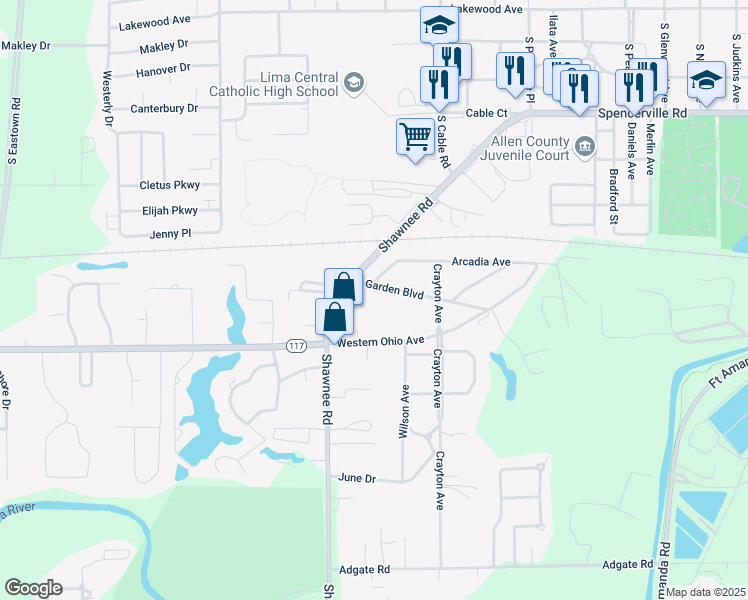 map of restaurants, bars, coffee shops, grocery stores, and more near 2336 Garden Blvd in Lima