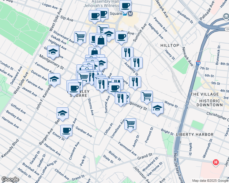 map of restaurants, bars, coffee shops, grocery stores, and more near 650 Montgomery Street in Jersey City