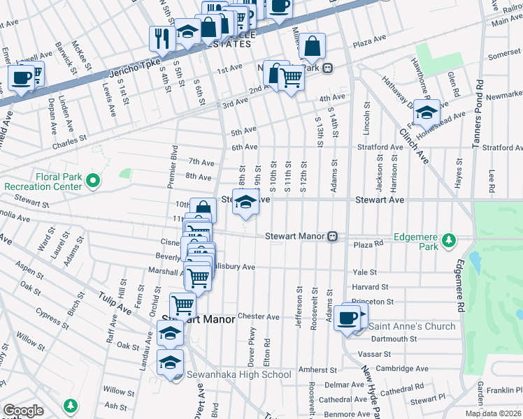 map of restaurants, bars, coffee shops, grocery stores, and more near 43 Stewart Avenue in Stewart Manor