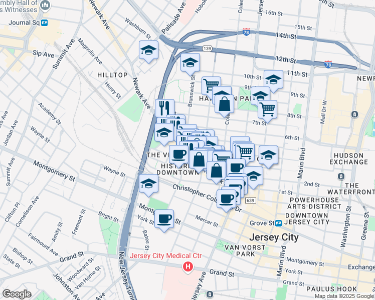 map of restaurants, bars, coffee shops, grocery stores, and more near in Jersey City