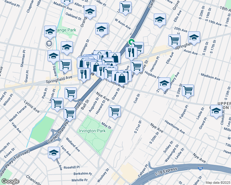 map of restaurants, bars, coffee shops, grocery stores, and more near 15 Howard Street in Irvington