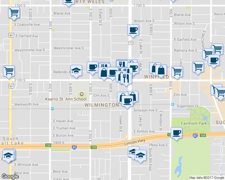 map of restaurants, bars, coffee shops, grocery stores, and more near 2145 600 East in Salt Lake City