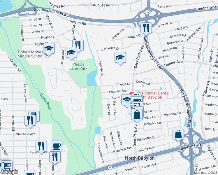 map of restaurants, bars, coffee shops, grocery stores, and more near 121 Phelps Lane in North Babylon