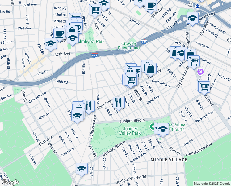 map of restaurants, bars, coffee shops, grocery stores, and more near 60-17 78th Street in Queens