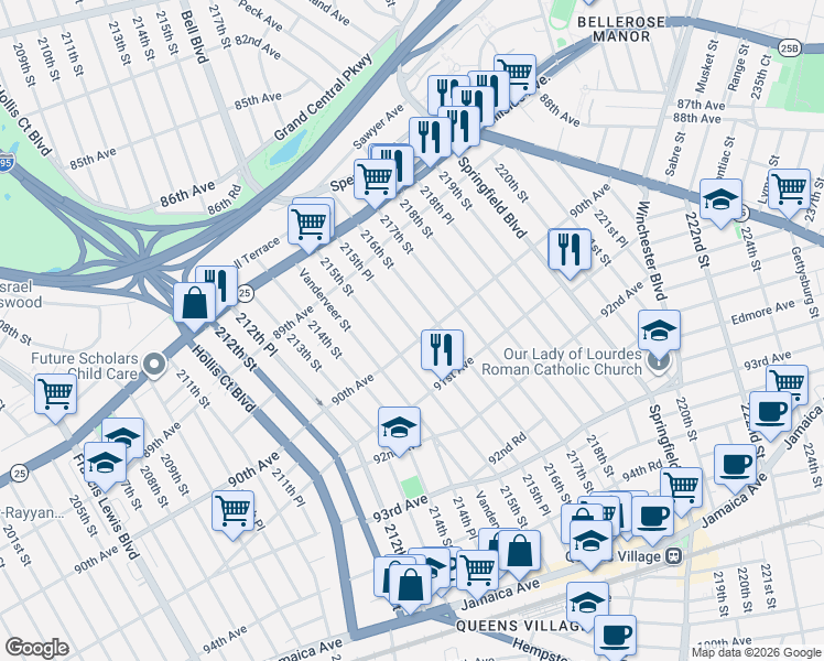 map of restaurants, bars, coffee shops, grocery stores, and more near 89-82 216th Street in Queens