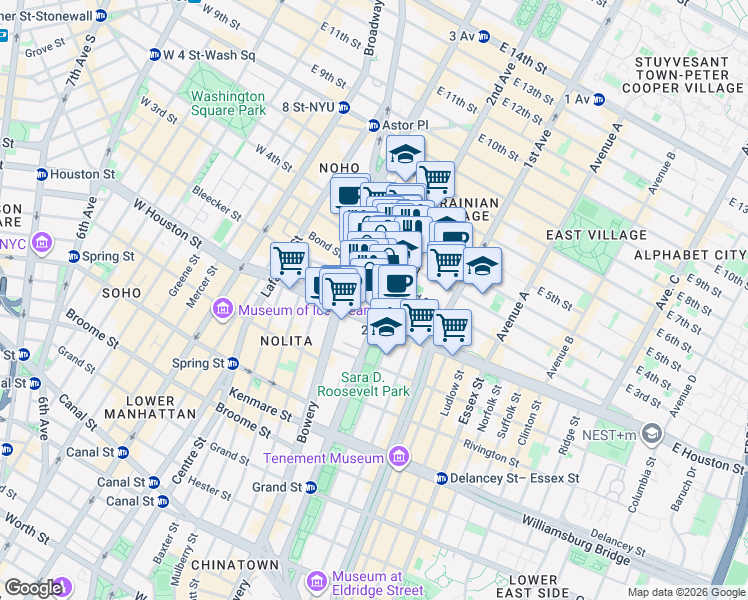 map of restaurants, bars, coffee shops, grocery stores, and more near 21 East 1st Street in New York