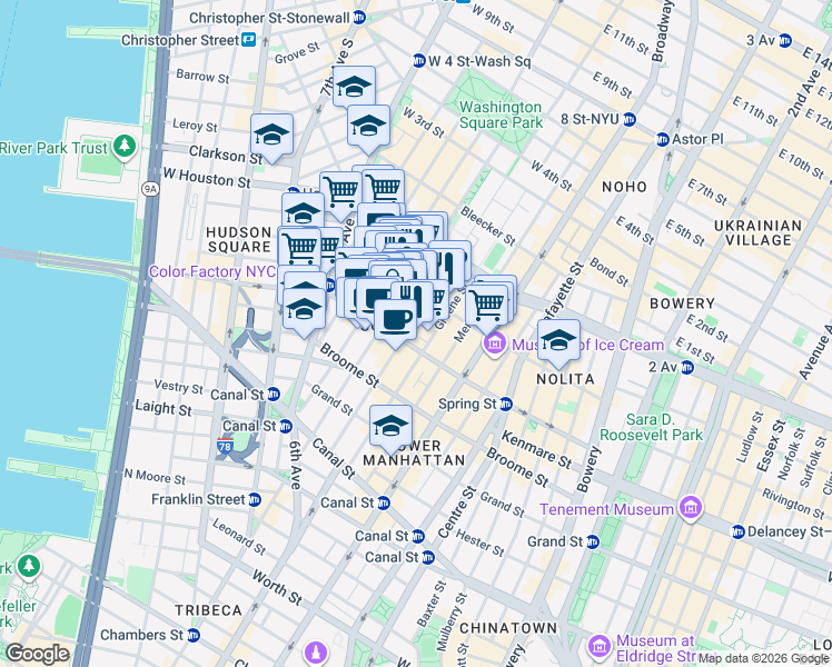 map of restaurants, bars, coffee shops, grocery stores, and more near 100 Wooster Street in New York