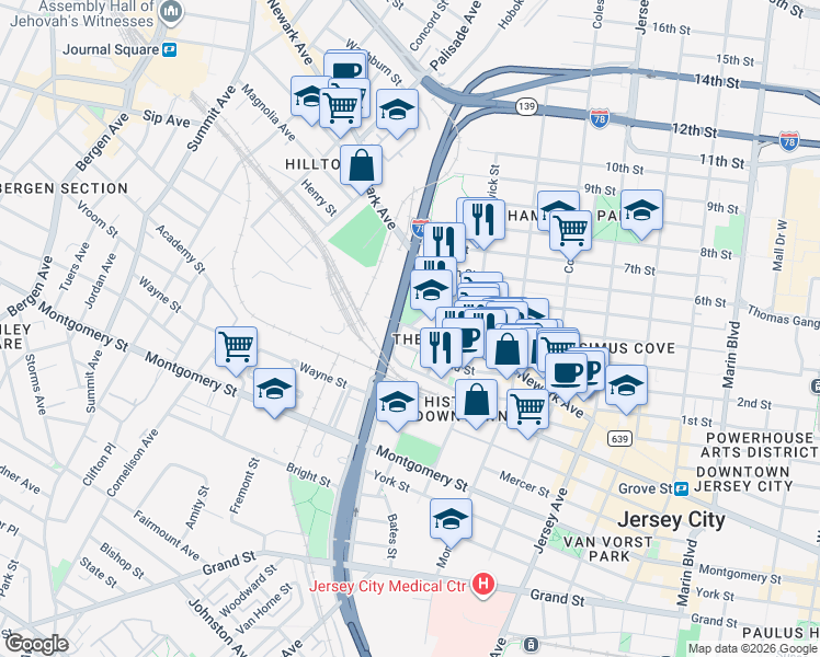 map of restaurants, bars, coffee shops, grocery stores, and more near 351 Newark Avenue in Jersey City