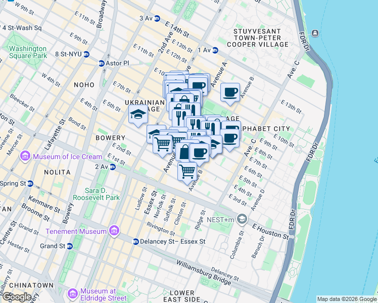 map of restaurants, bars, coffee shops, grocery stores, and more near 516 East 5th Street in New York