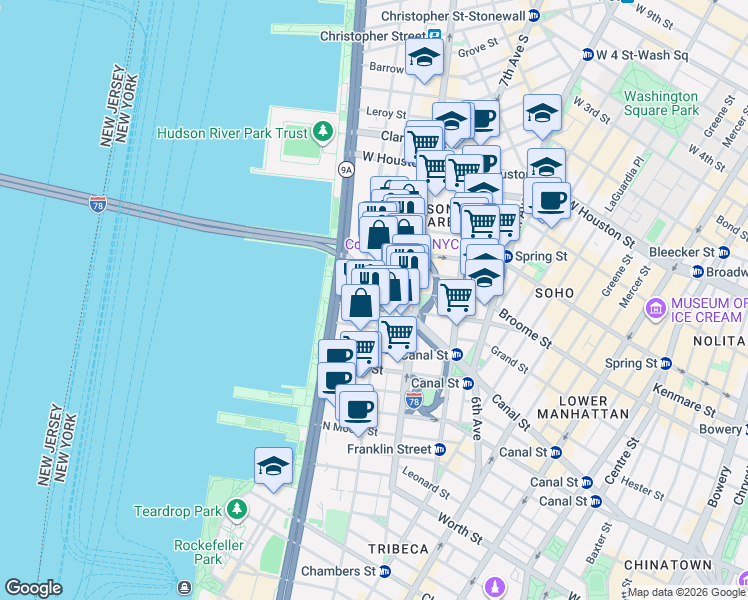 map of restaurants, bars, coffee shops, grocery stores, and more near 471 Washington Street in New York
