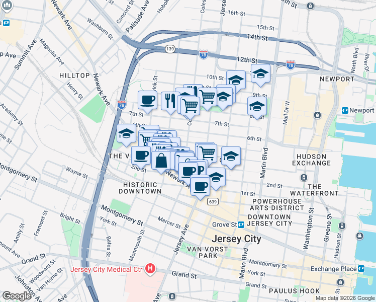map of restaurants, bars, coffee shops, grocery stores, and more near 87 Coles Street in Jersey City