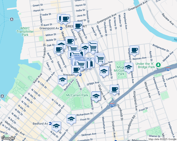 map of restaurants, bars, coffee shops, grocery stores, and more near 115 A Nassau Avenue in Brooklyn