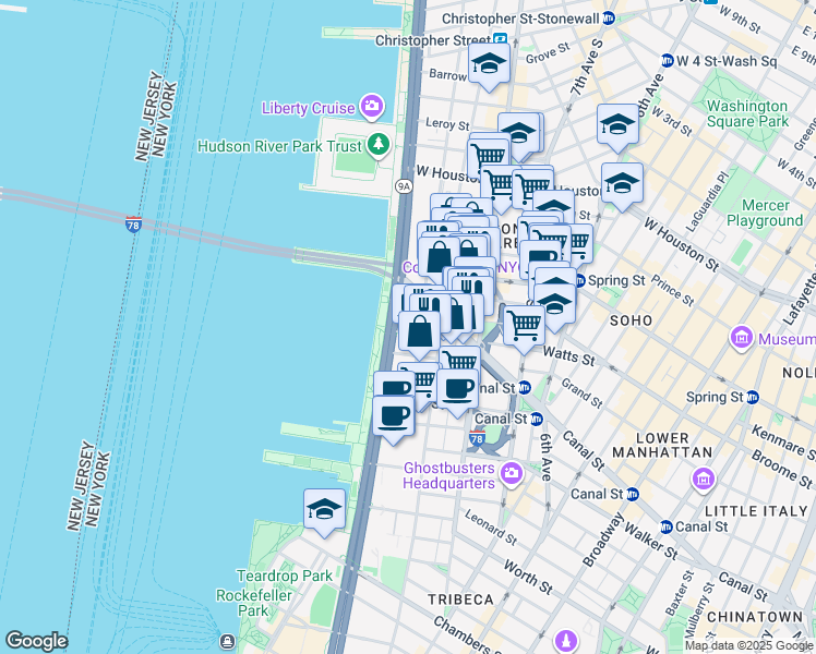 map of restaurants, bars, coffee shops, grocery stores, and more near 456 Washington Street in New York