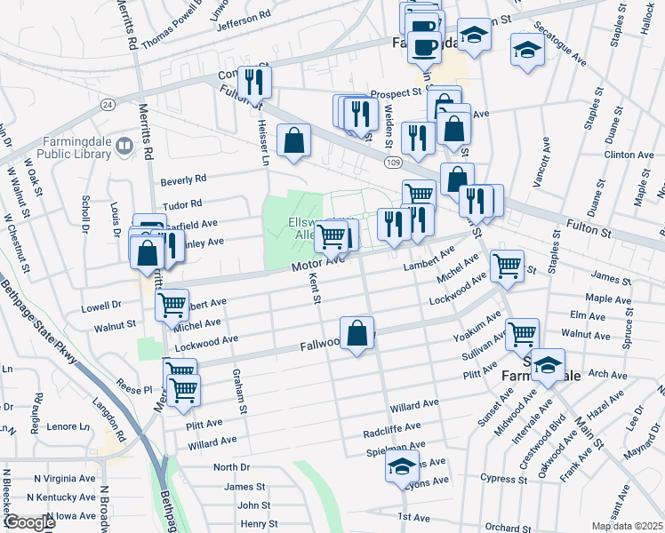 map of restaurants, bars, coffee shops, grocery stores, and more near 72 Motor Avenue in South Farmingdale