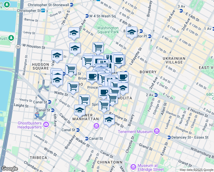 map of restaurants, bars, coffee shops, grocery stores, and more near 568 Broadway in New York