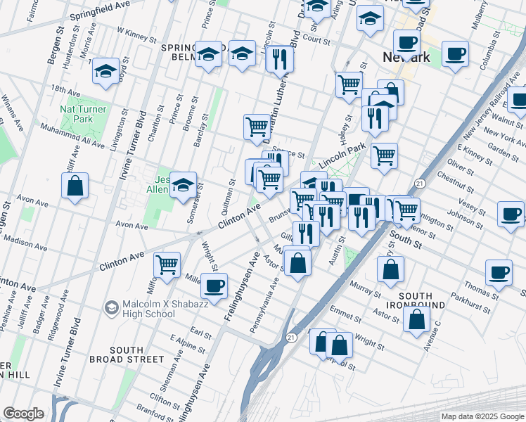 map of restaurants, bars, coffee shops, grocery stores, and more near 116-18 Clinton Avenue in Newark