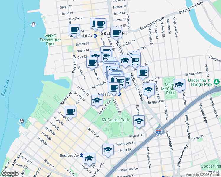 map of restaurants, bars, coffee shops, grocery stores, and more near 680 Manhattan Avenue in Brooklyn