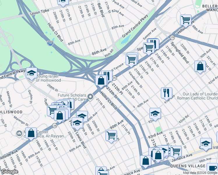 map of restaurants, bars, coffee shops, grocery stores, and more near 88-13 212th Street in Queens