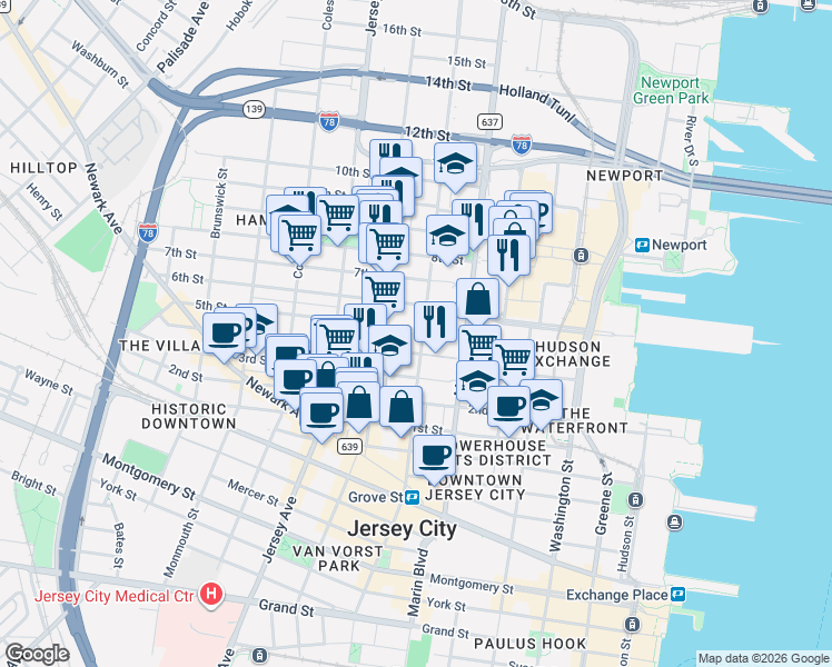 map of restaurants, bars, coffee shops, grocery stores, and more near 441 Manila Avenue in Jersey City