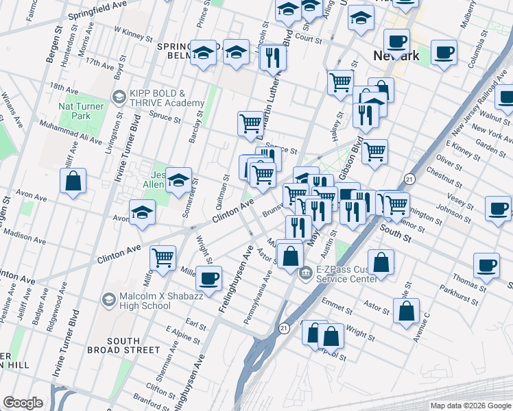 map of restaurants, bars, coffee shops, grocery stores, and more near 116-18 Clinton Avenue in Newark