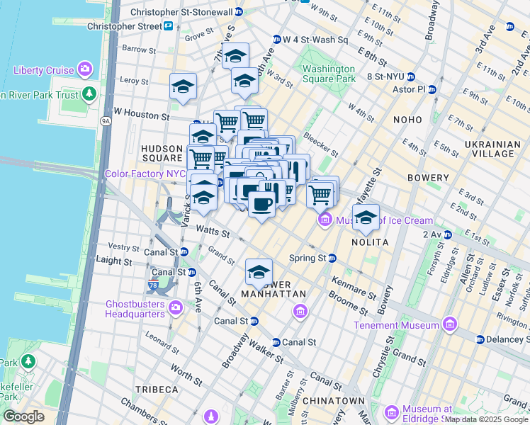 map of restaurants, bars, coffee shops, grocery stores, and more near 145 Spring Street in New York